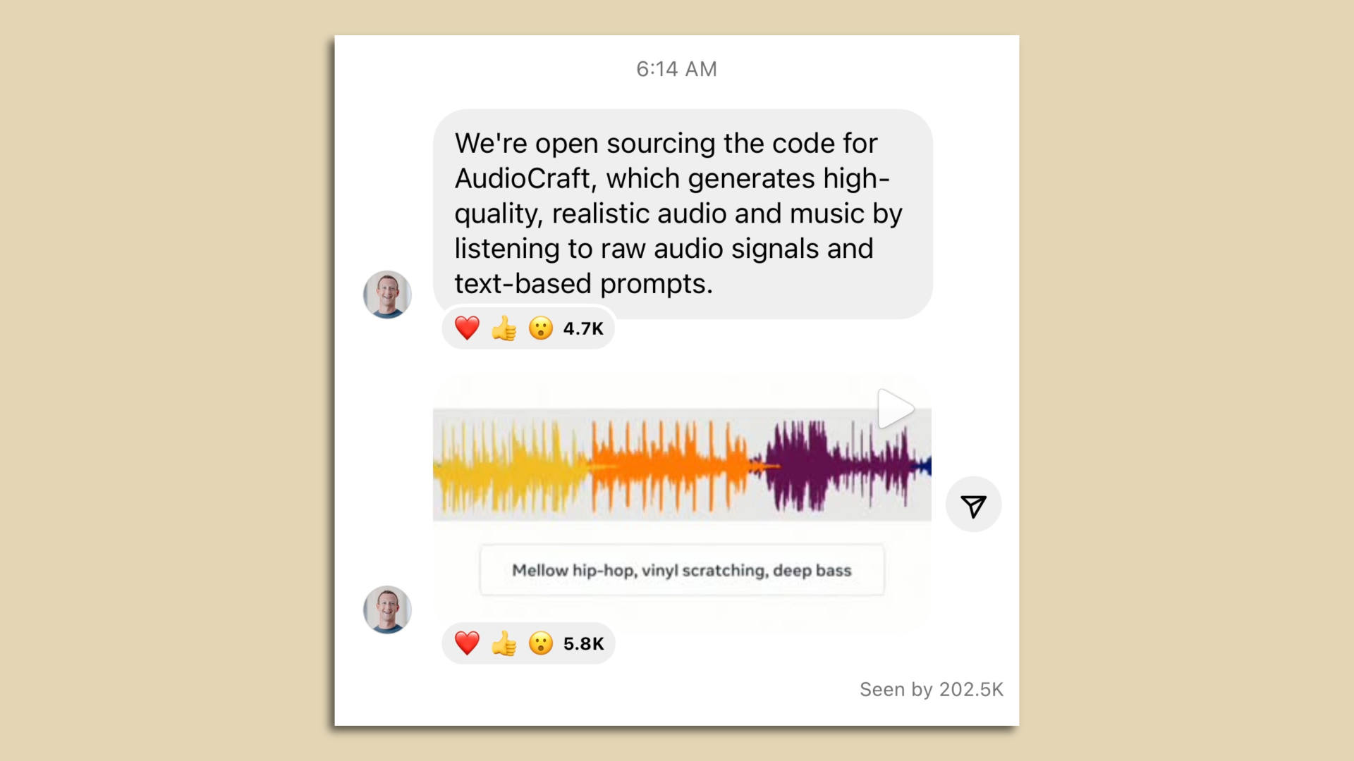 Meta CEO Mark Zuckerberg announced the release of AudioCraft on Wednesday.