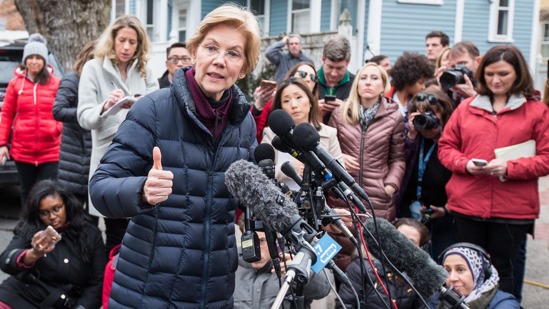 Photo of Sen. Elizabeth Warren speaking to reporters after announcing presidential bid