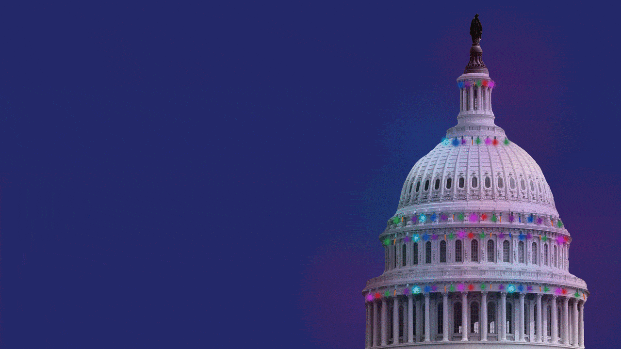 Illustration of the Capitol dome with Christmas lights flickering off