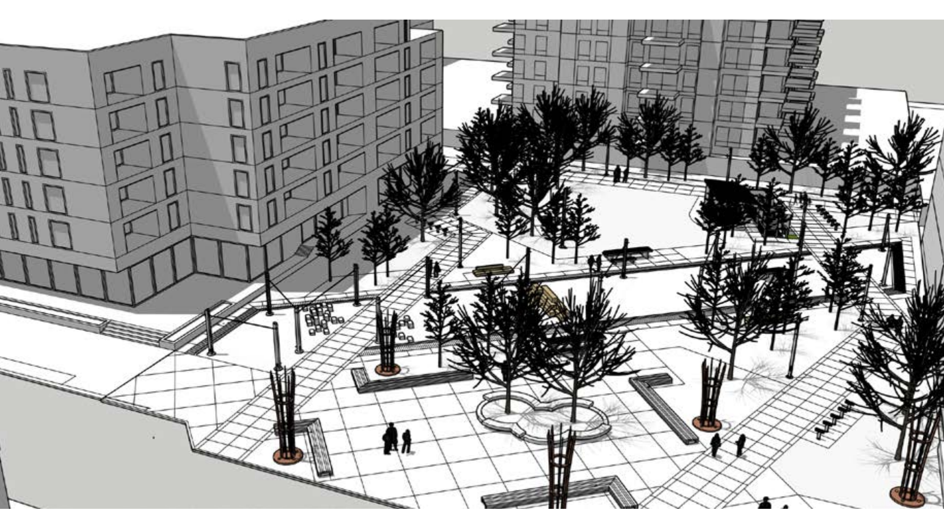 A rendering showing a park design with trees, paths and a plaza 