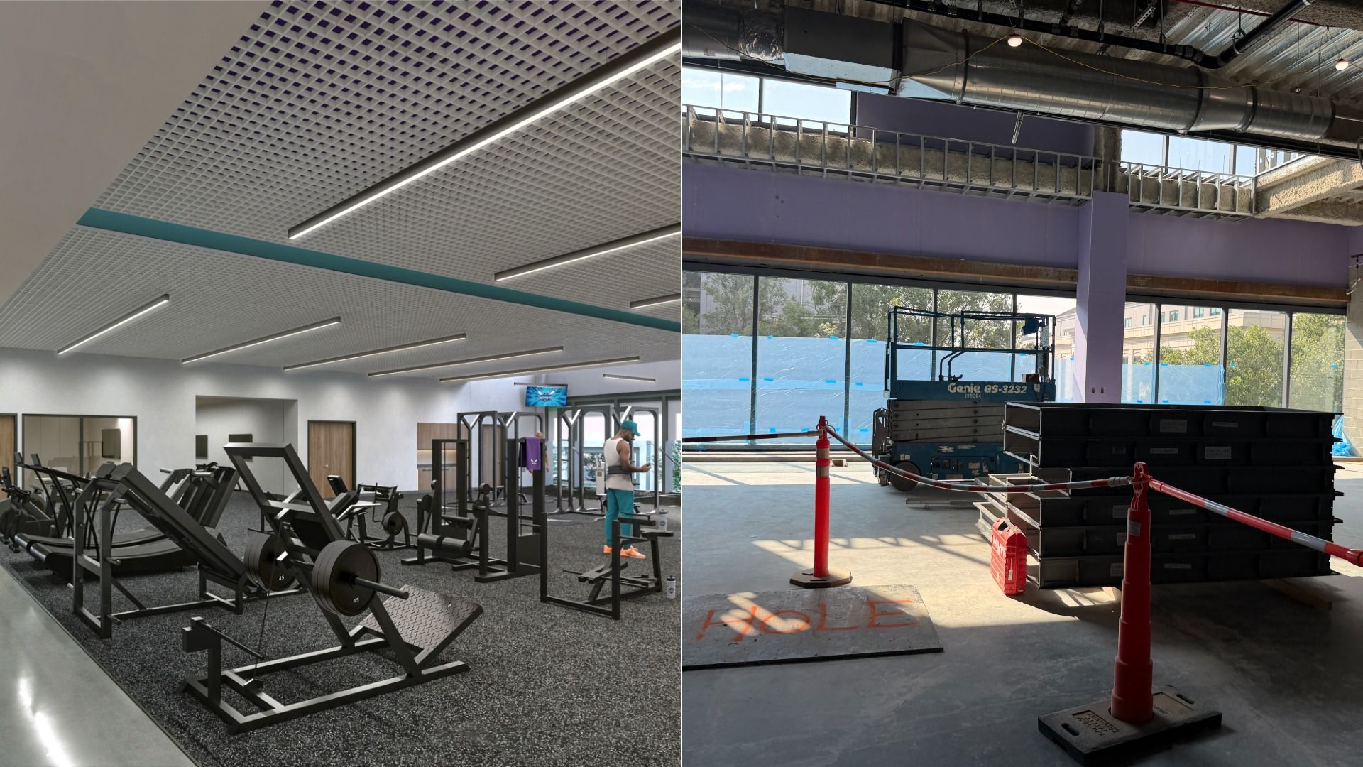 Split image: left shows a bright gym with treadmills and weight machines under a white perforated ceiling with linear lights; right shows an unfinished space with a purple column, exposed ducts, and large windows.