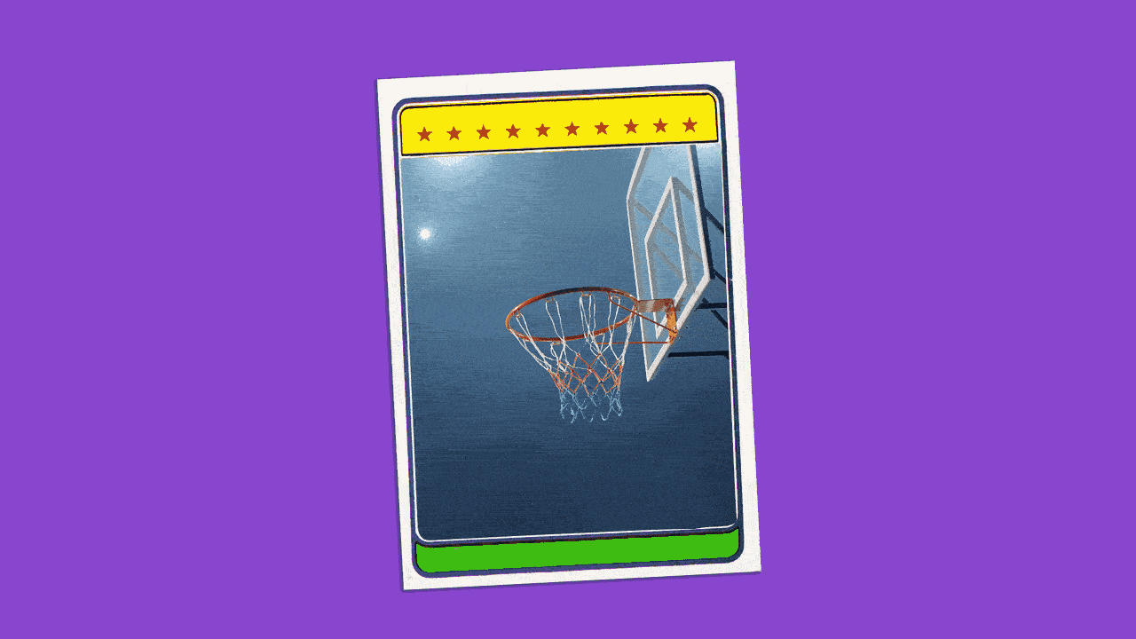 Illustration of a basketball trading card showing an animated video of a slam dunk