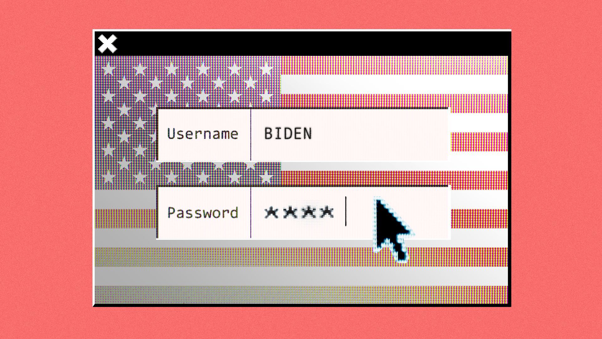 Illustration of a security log-in screen on a computer with Biden's username