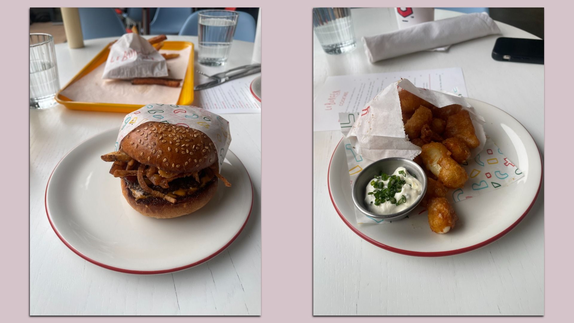 Two photos on a pink backdrop: left shows a sesame-bun hamburger with onions on a white plate and a yellow tray; right shows a plate of fried bites with ranch dip, herbs, and a phone in view.