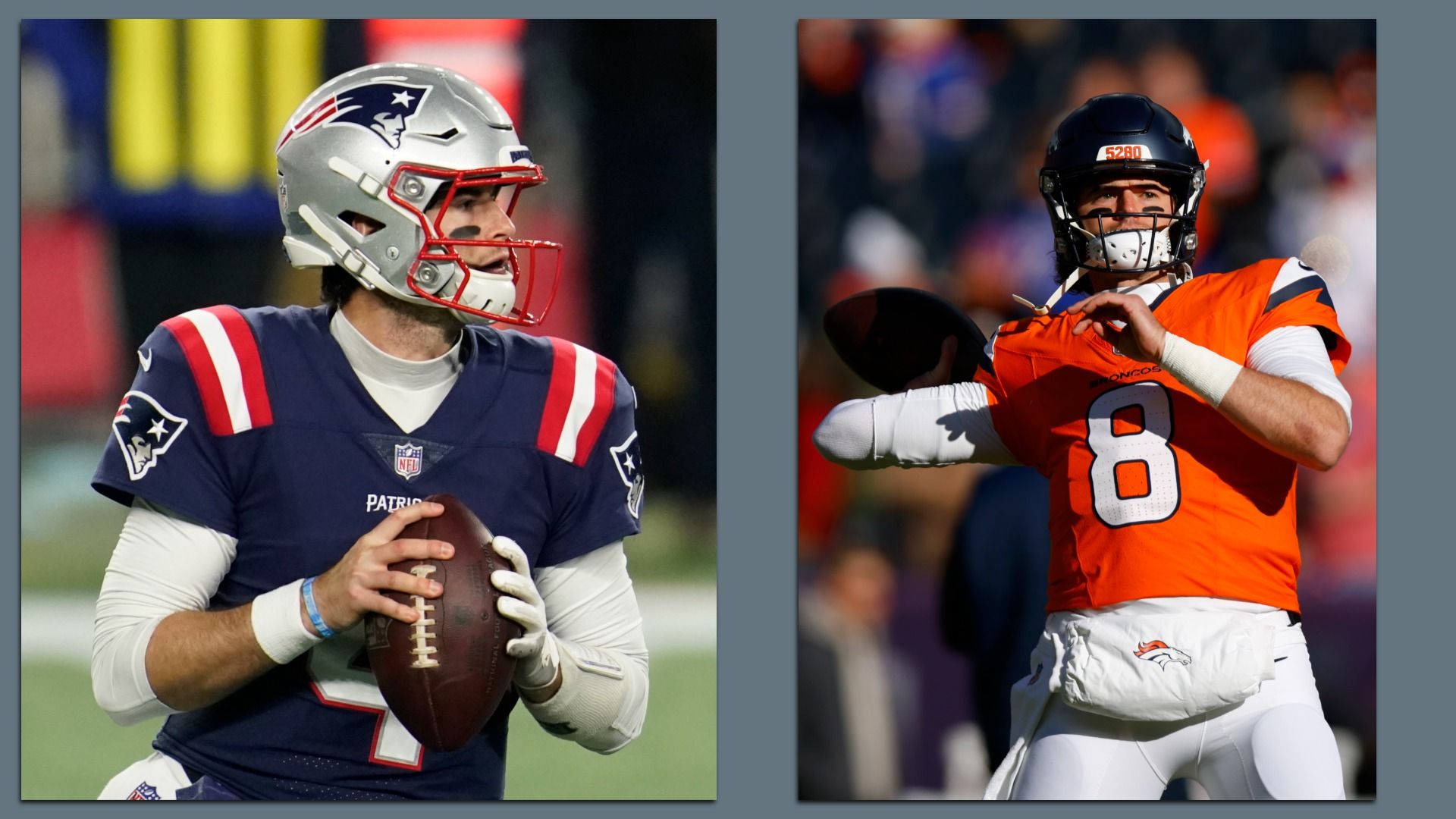 Side by side photos show quarterback Jarrett Stidham in a Patriots jersey and a Broncos jersey, both during game action. 
