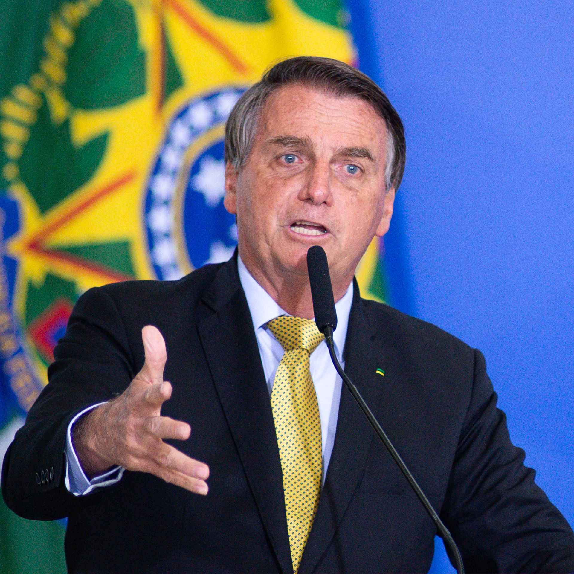 President of Brazil Jair Bolsonaro speaks during an event at Planalto Government Palace on June 29, 2021 in Brasilia, Brazil. 