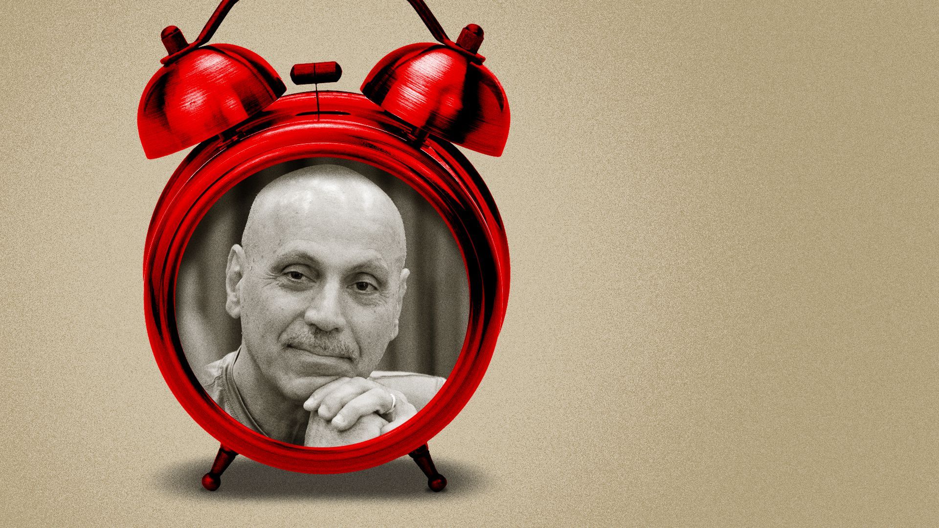 Photo illustration collage of Andy Shallal inside a red alarm clock.