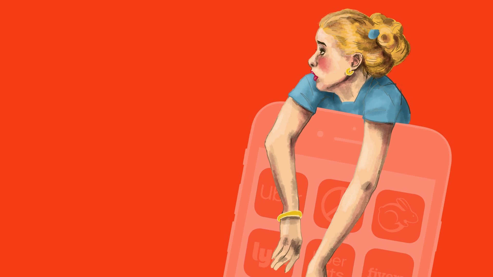 Illustration of woman leaning over a giant cell phone