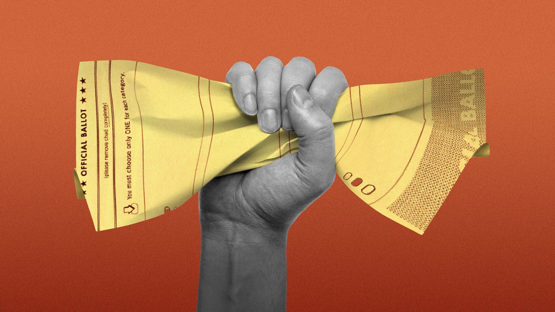 Illustration of a hand crushing a ballot.
