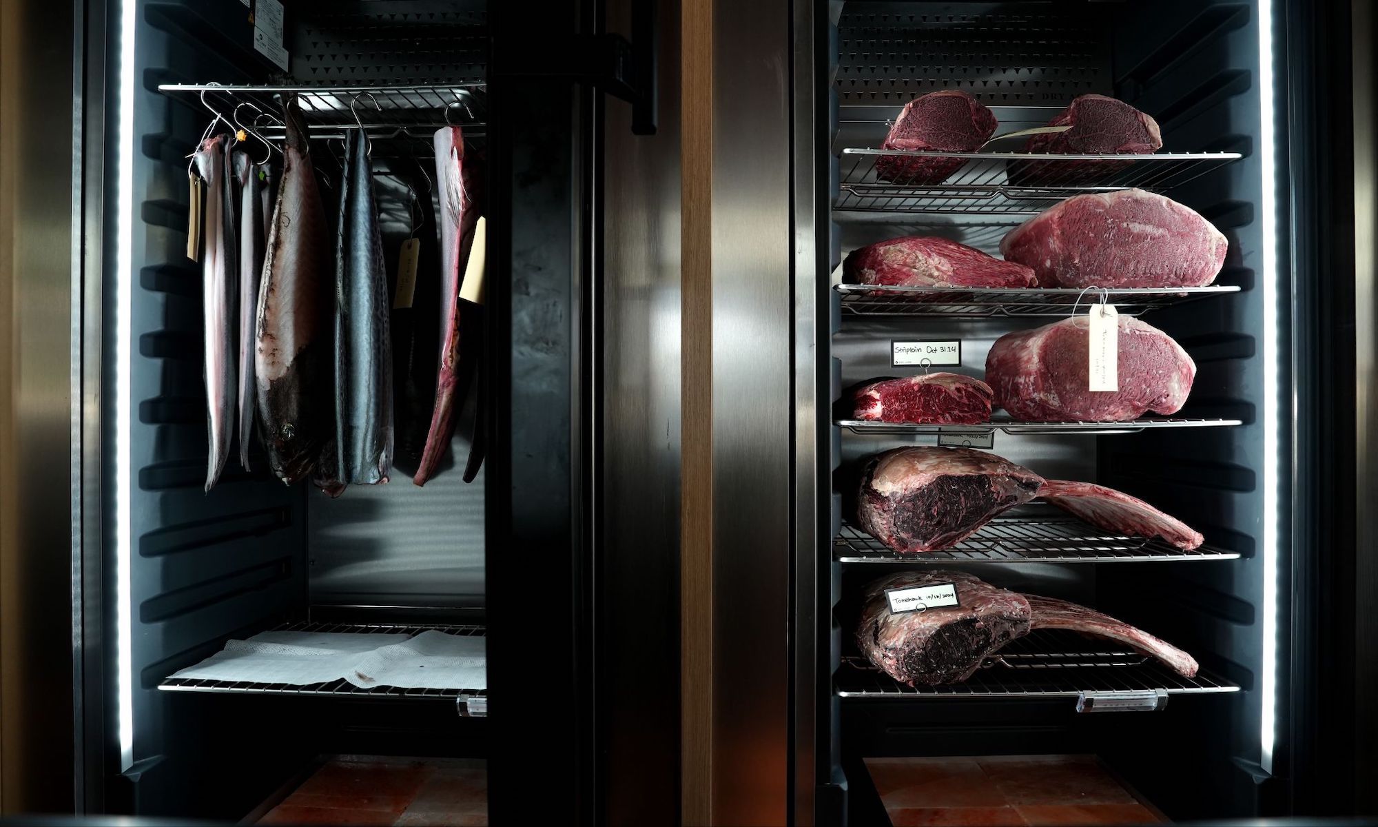 Dry aged fish (left) and beef at Modan