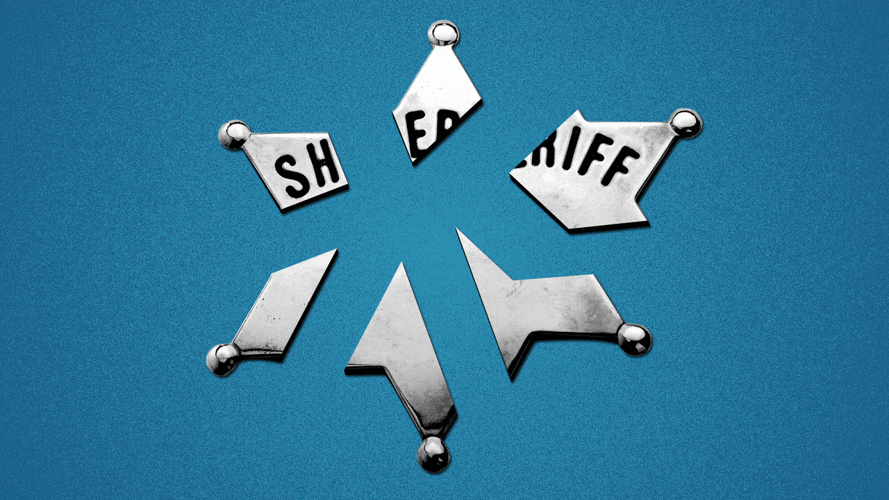 Illustration of a sheriff's badge that has been cracked into pieces reforming. 