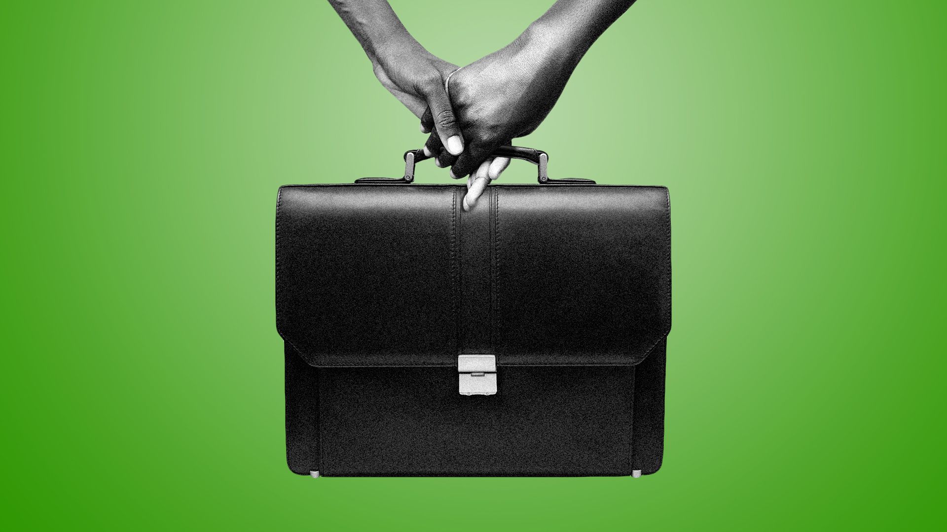 Illustration of two people holding hands and a briefcase at the same time.