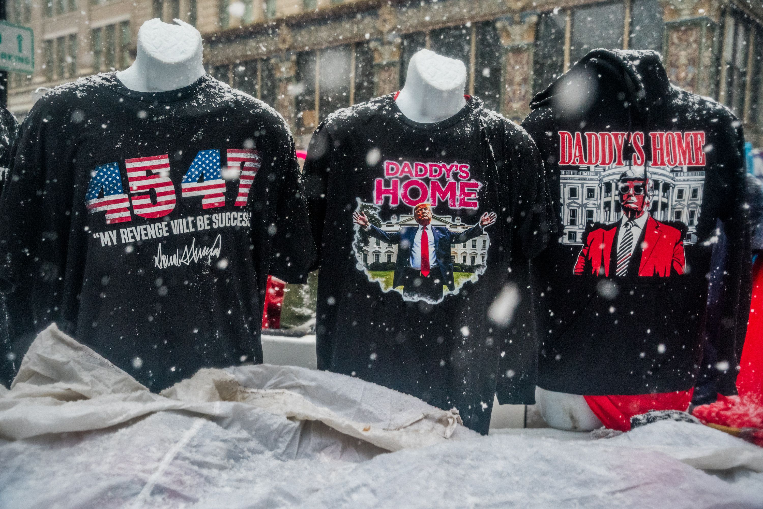 A photo of T-shirts supporting President Donald Trump outside of Capital One Arena in Washington, D.C.