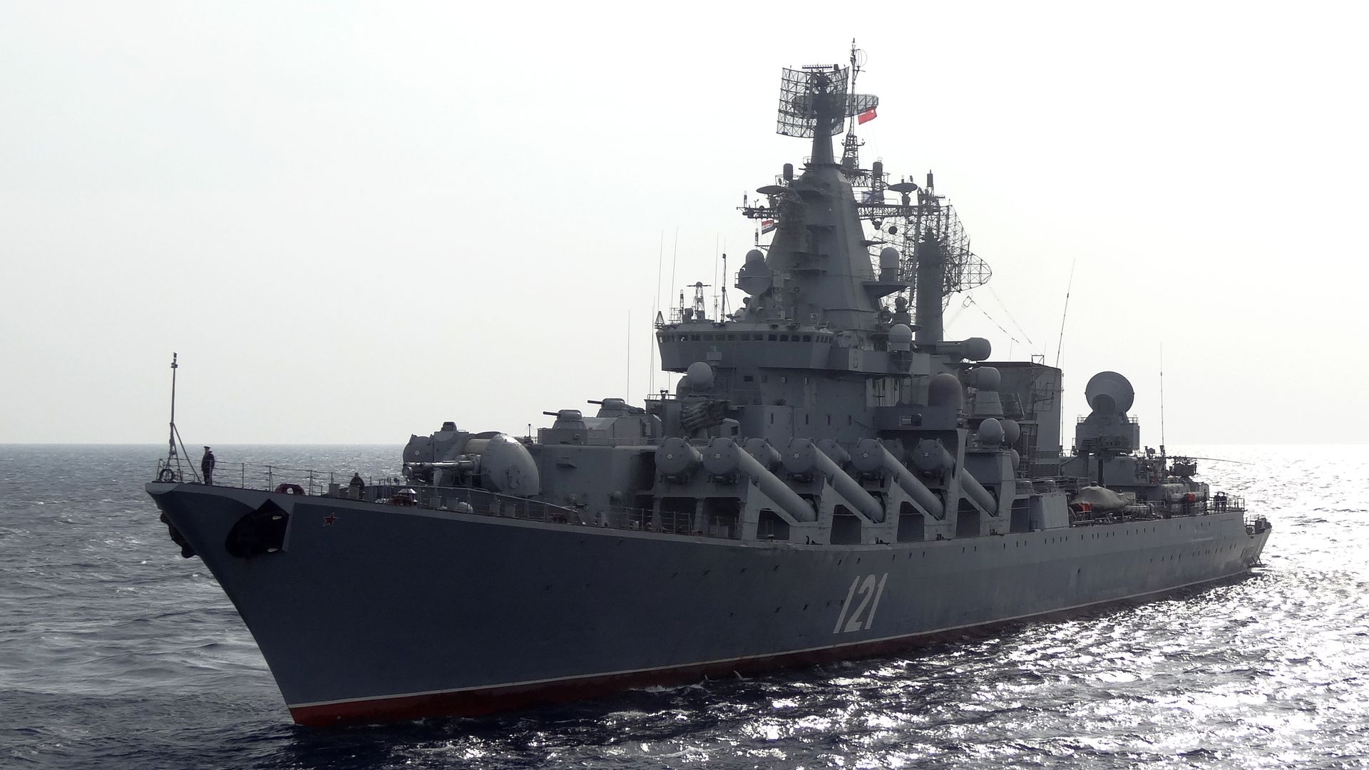 The former Russian missile cruiser Moskva patrolling the Mediterranean Sea in December 2015.