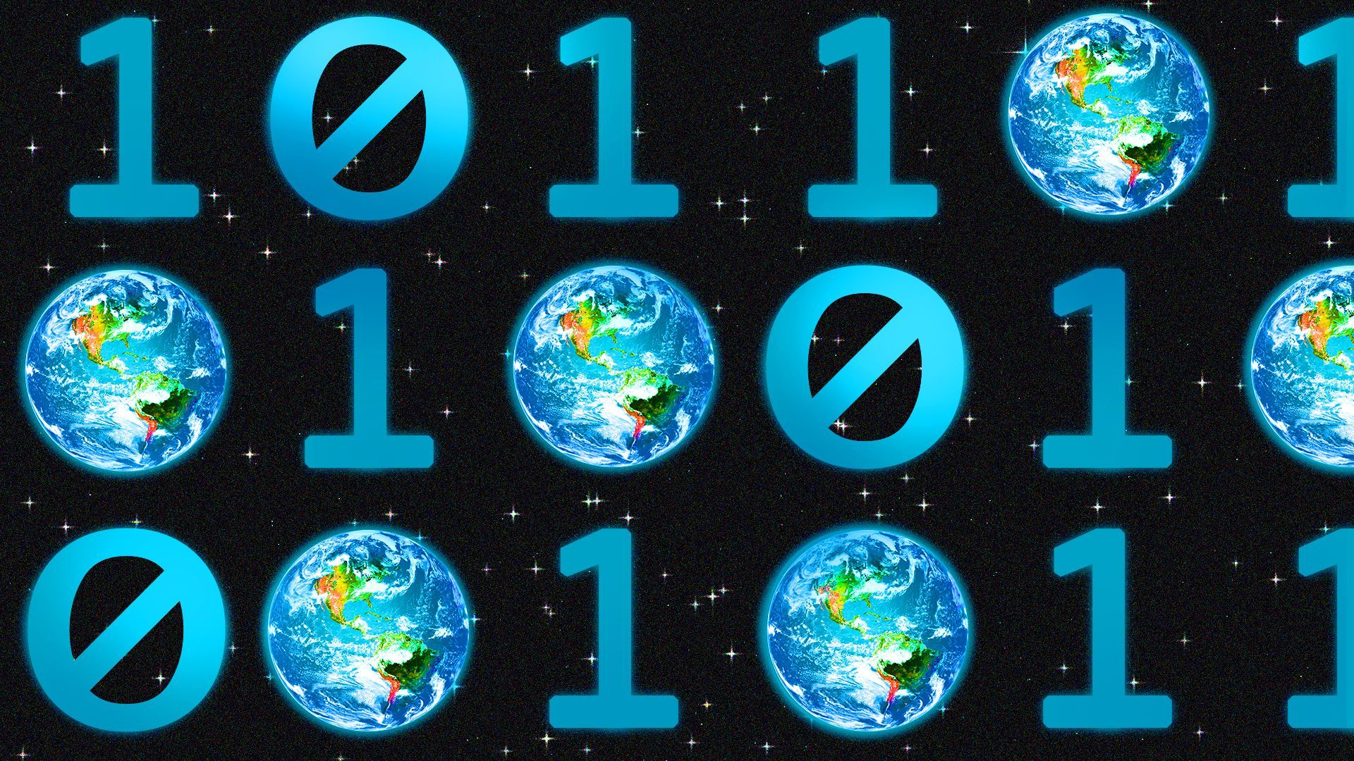 Illustration of binary code with some zeroes replaced by planet Earth images, all placed on a starry space background.