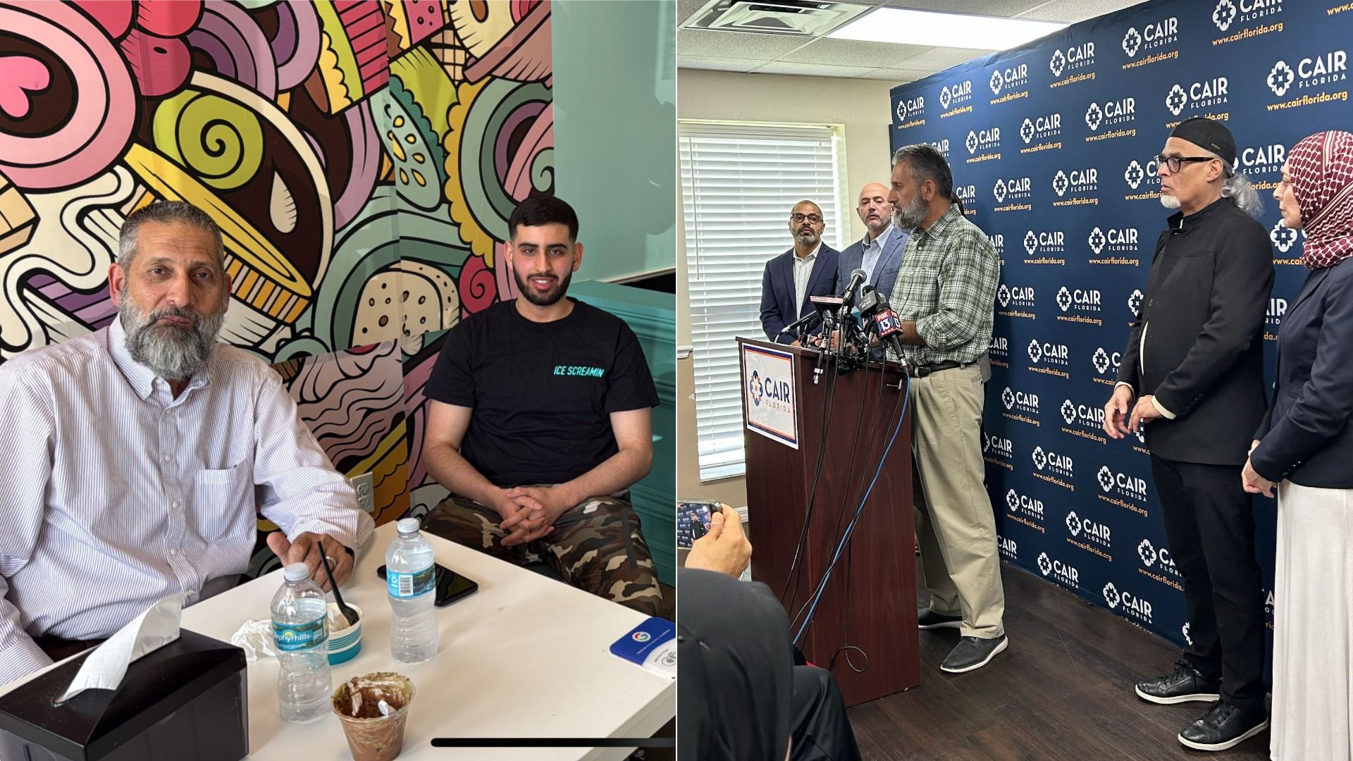On the left, an older man and a young man pose for the camera at a table with empty ice cream cups sitting in front of a wall painted with a mural of a various desserts. On right, the older man speaks with several people at his side at a lectern in front of a blue banner that reads "CAIR Florida."