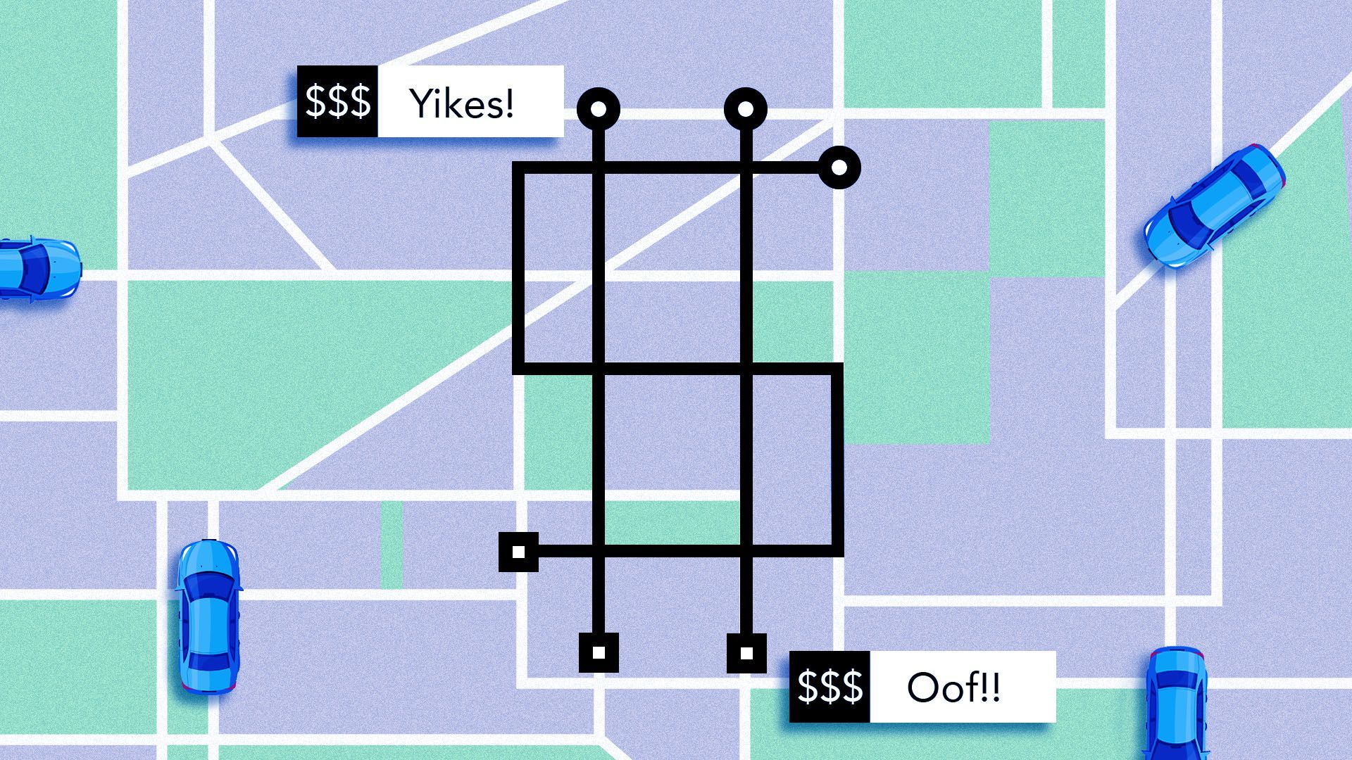 Illustration of a ride-sharing map interface making the shape of a dollar sign