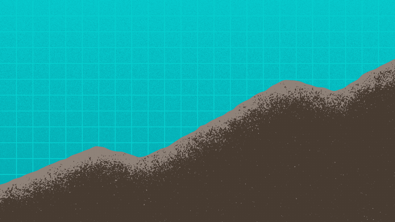 Illustration of a mountain bike climbing up a hill, leaving an upward trending red dotted line in its wake.