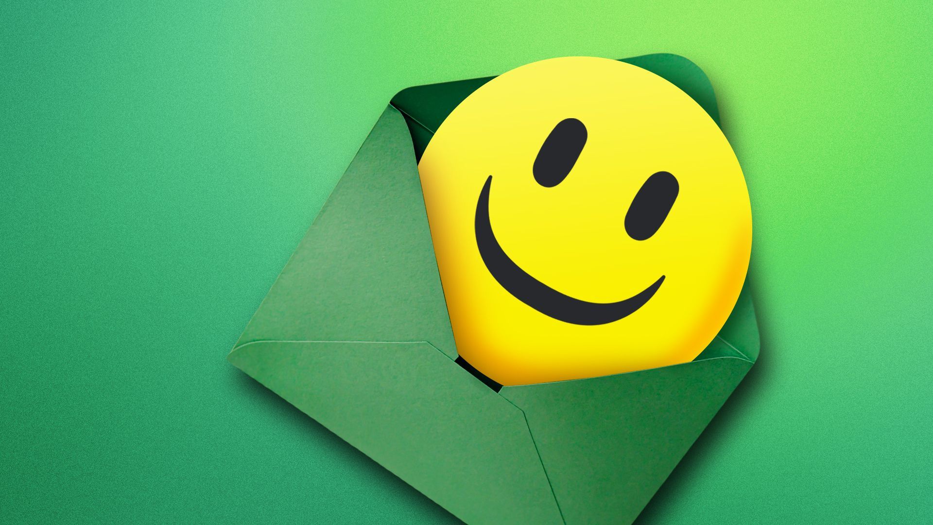 Illustration of a smiley face falling out of an open envelope. 