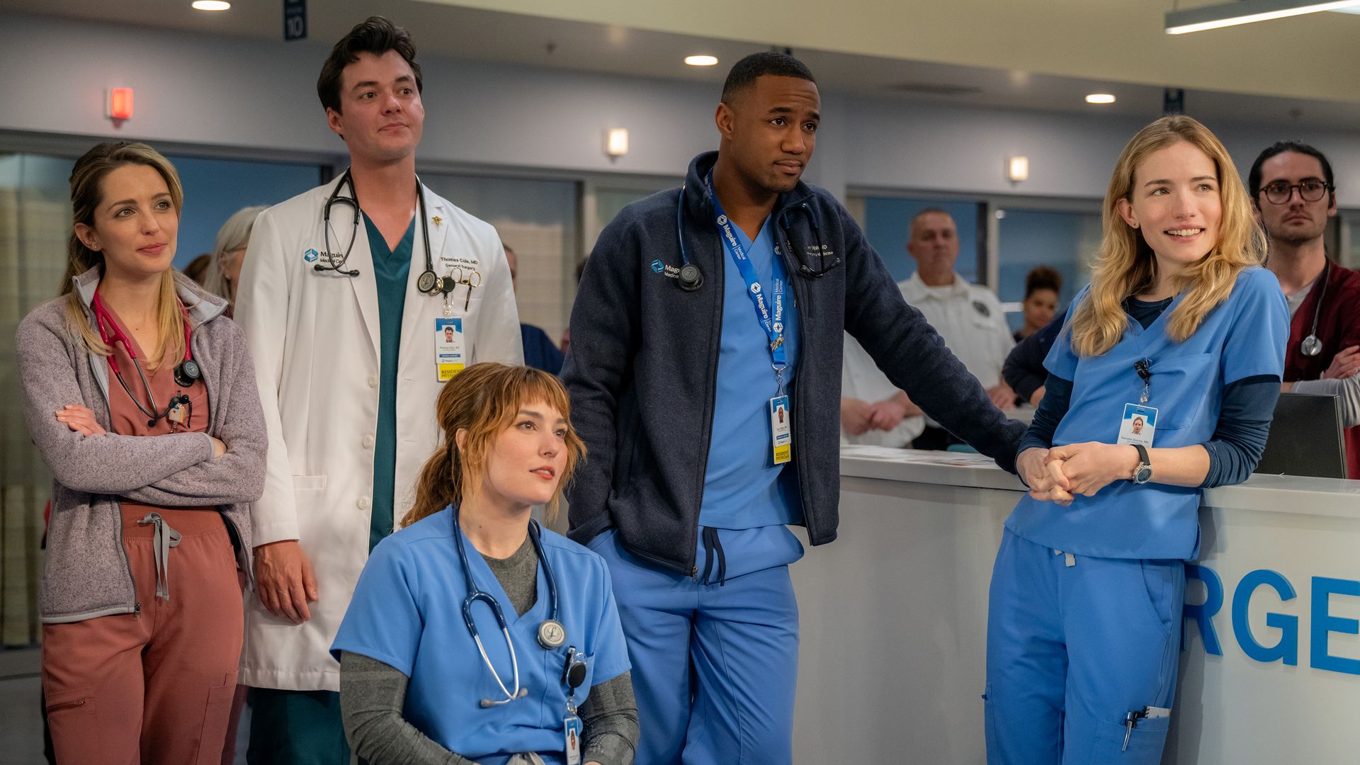 Jessica Rothe as Cass Himmelstein, Jack Bannon as Dr. Tom Cole, Jessy Yates as Harper, Jessie T. Usher as Sam Elijah, and Willa Fitzgerald as Danny in Episode 101 of Pulse.