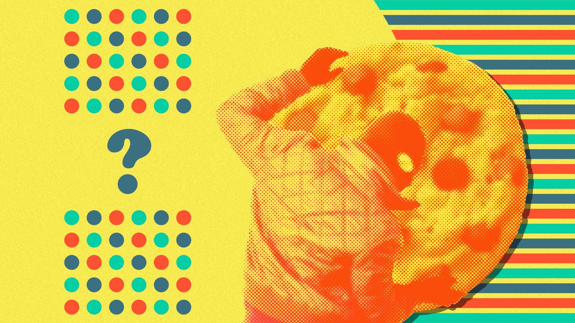 Illustration of a thief stealing a giant cookie over a pattern of stripes and dots.