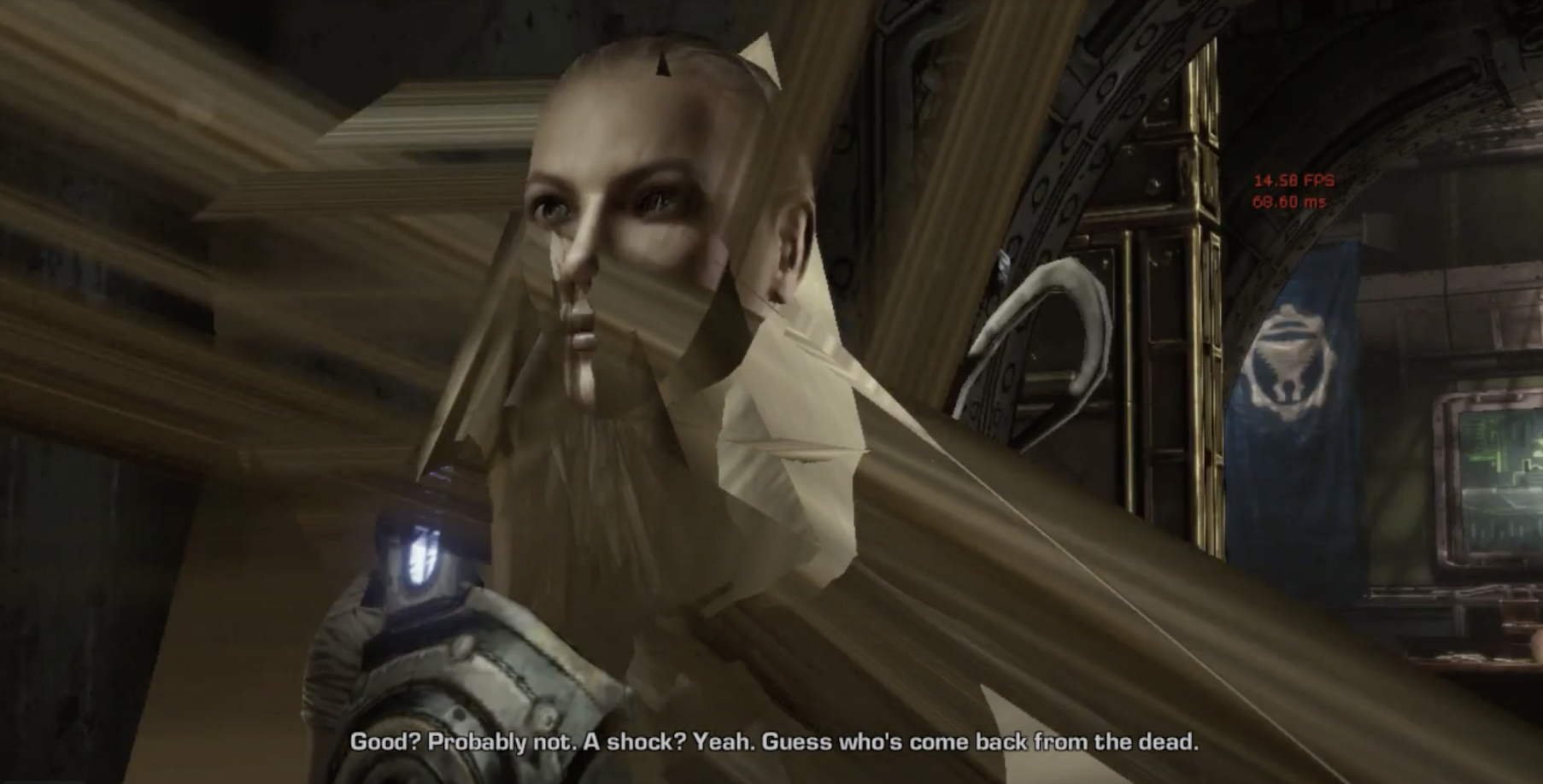 The hair of a character from Gears of War 3 spreads all over the screen due to a graphical glitch