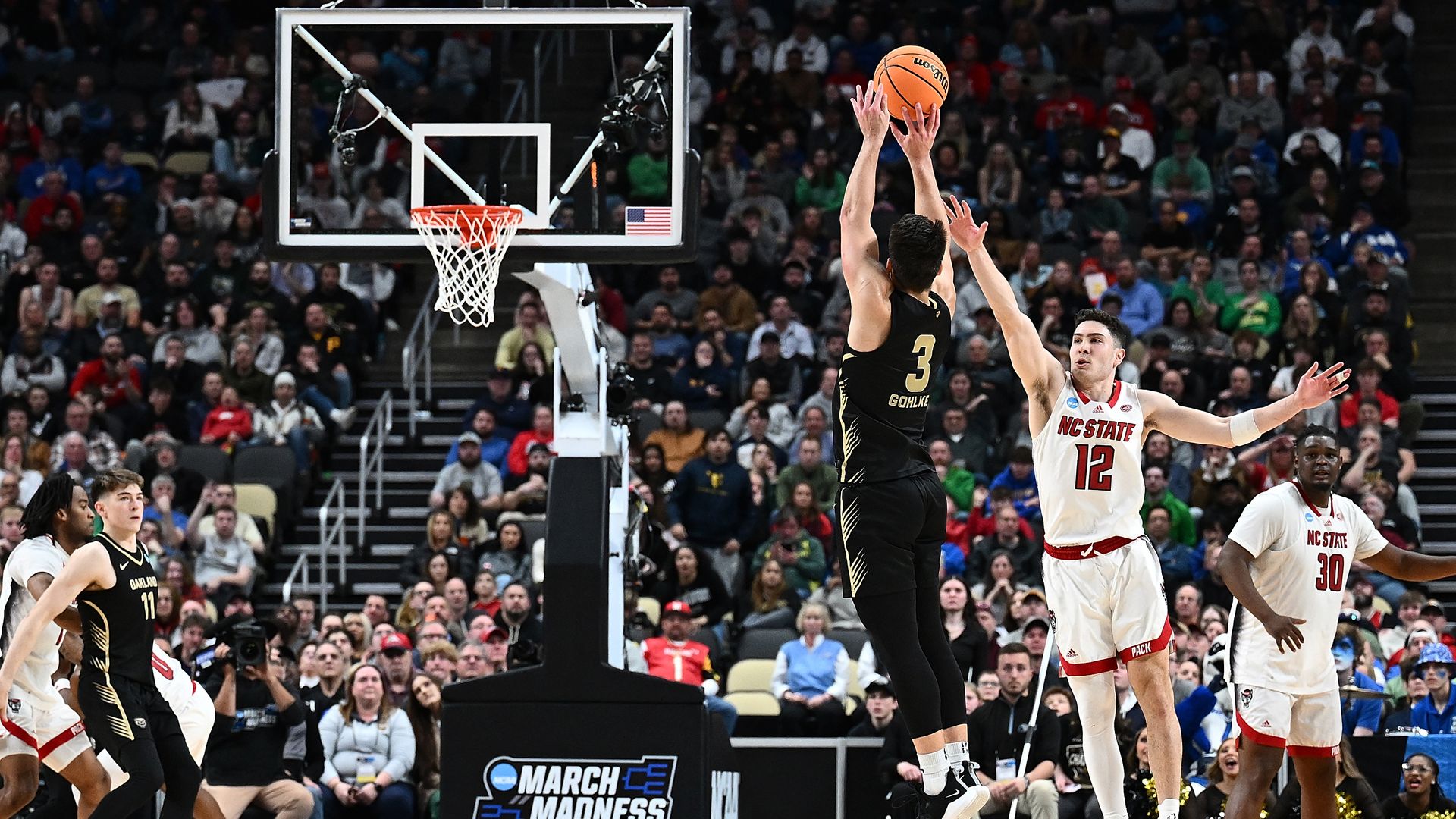 Oakland's Jack Gohlke attempts a three-pointer against NC State in the Grizzlies' overtime loss Saturday in Pittsburgh. 