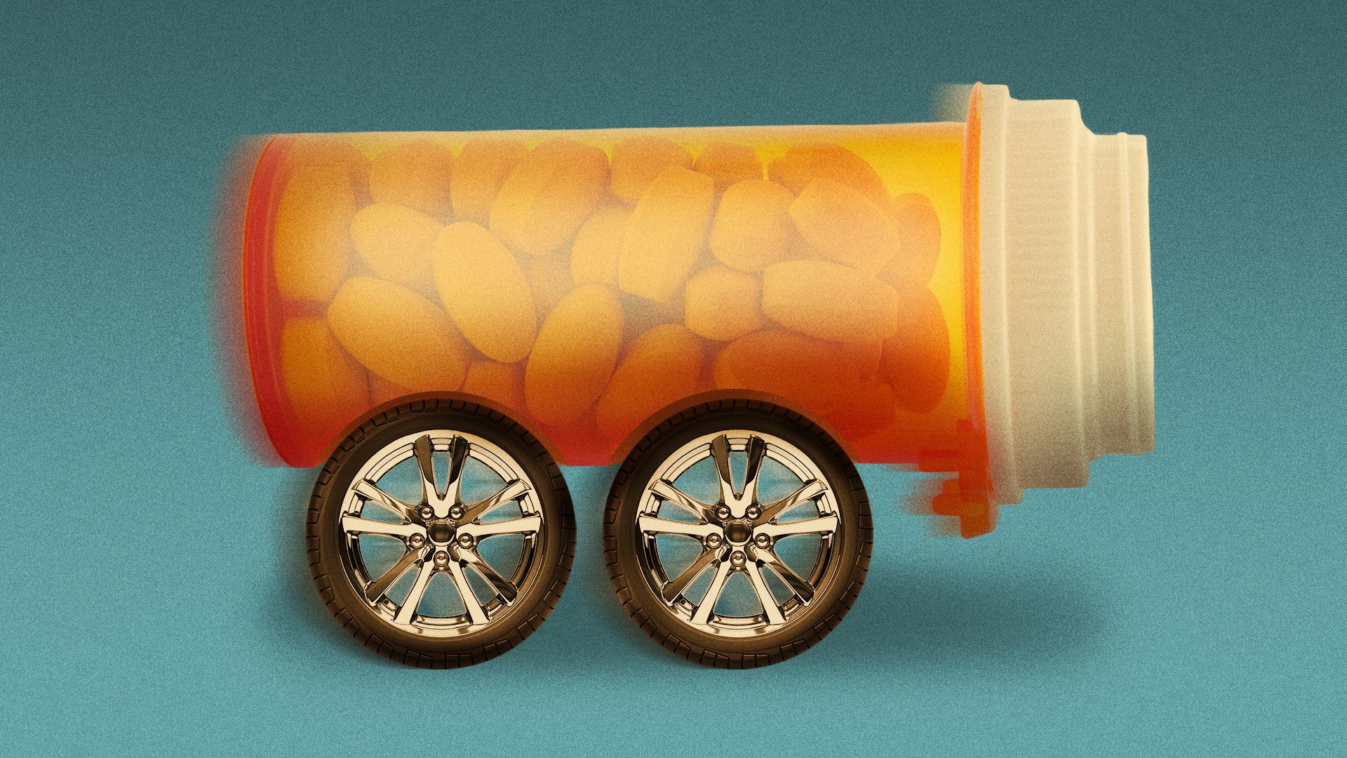 Illustration of a prescription pill bottle on wheels.