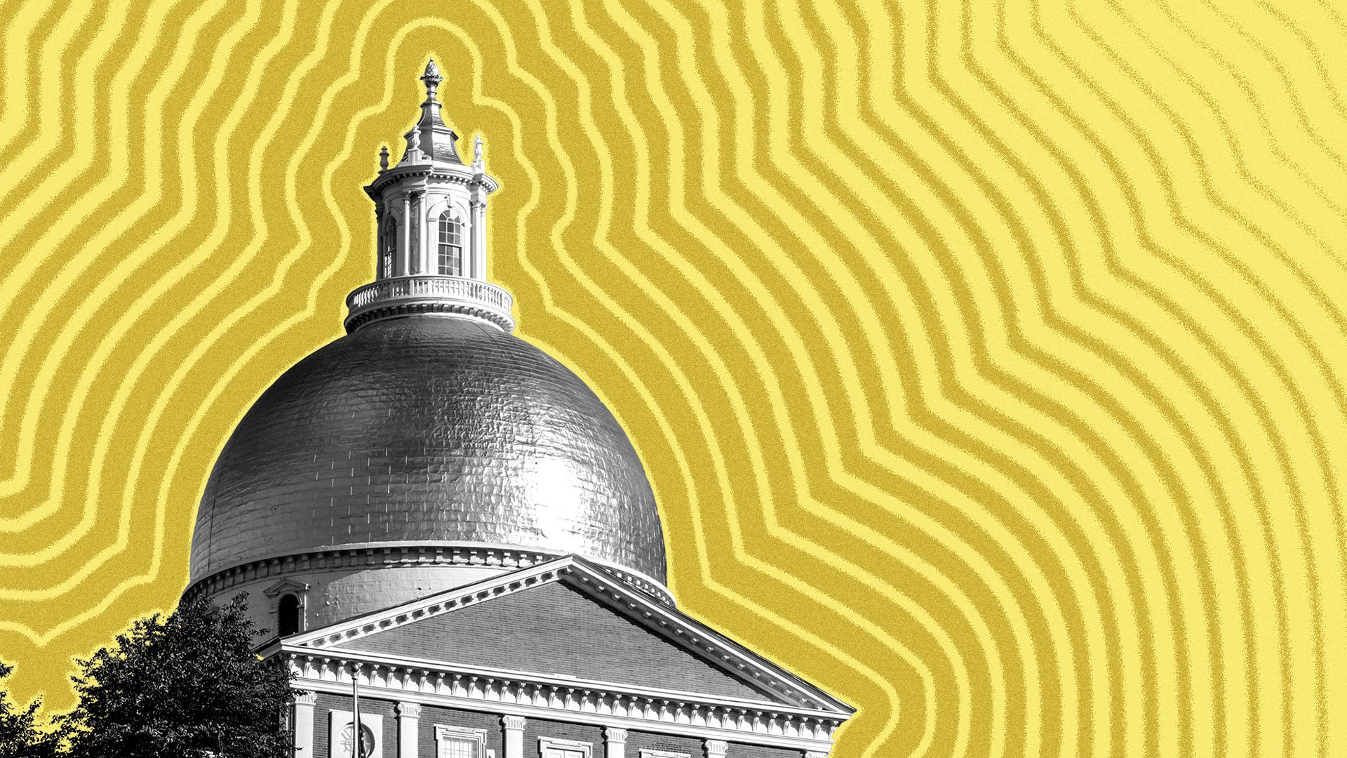 Illustration of the Massachusetts State House with lines radiating from it.
