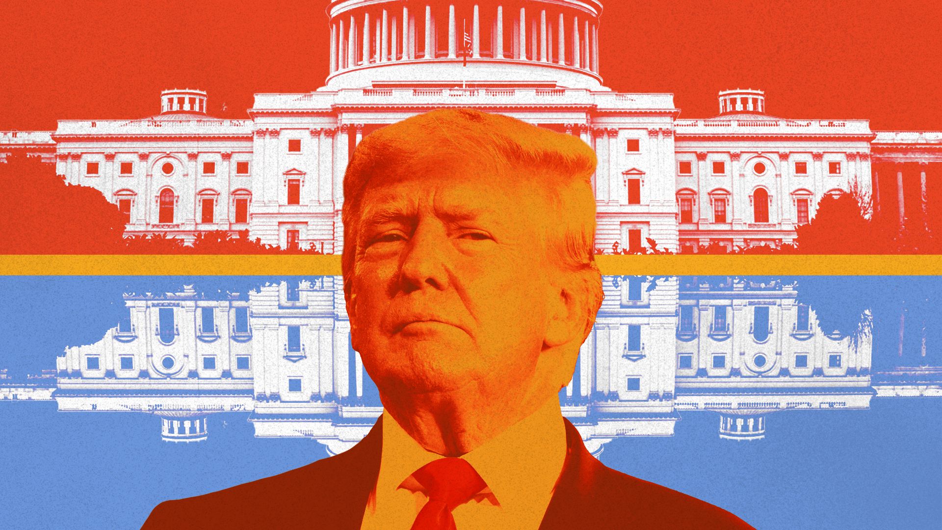 Photo illustration of former President Trump with the U.S. Capitol Building duplicated in the background behind him