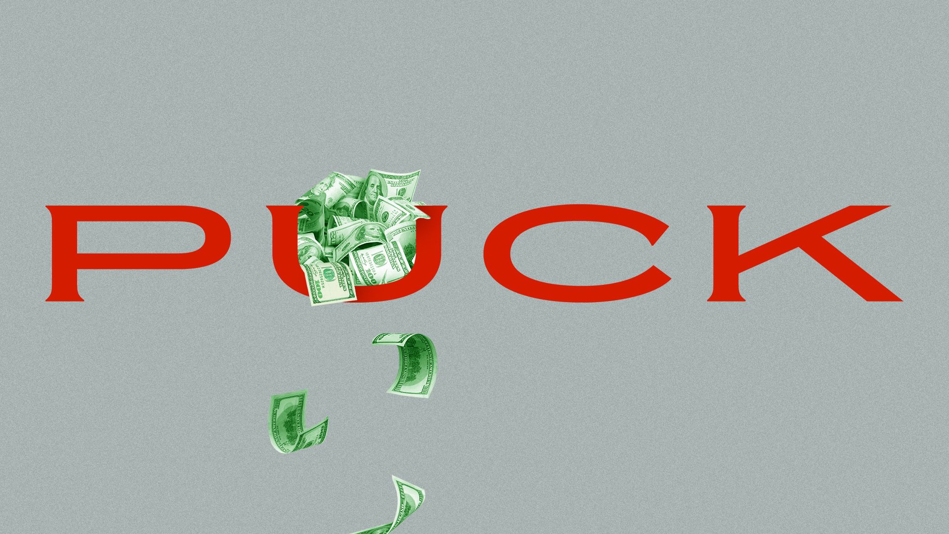 Illustration of the Puck logo with a pile of money in the letter "U". 