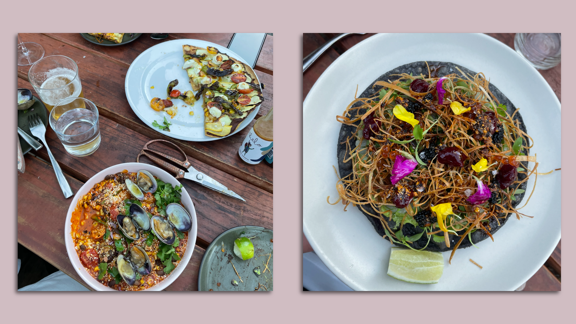 Two photos, on the left of a Mexican street corn salad with clams. On the right, a scallop tostada.