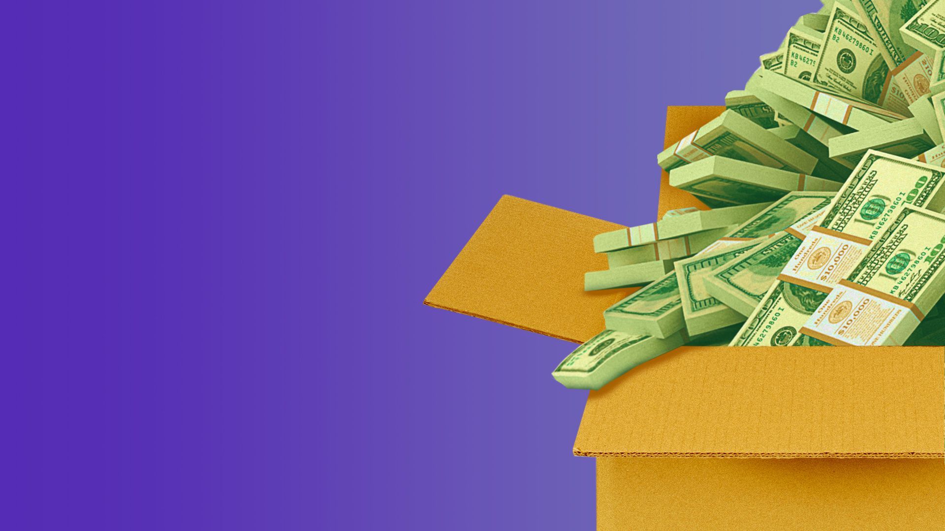 Illustration of a cardboard box full of money.
