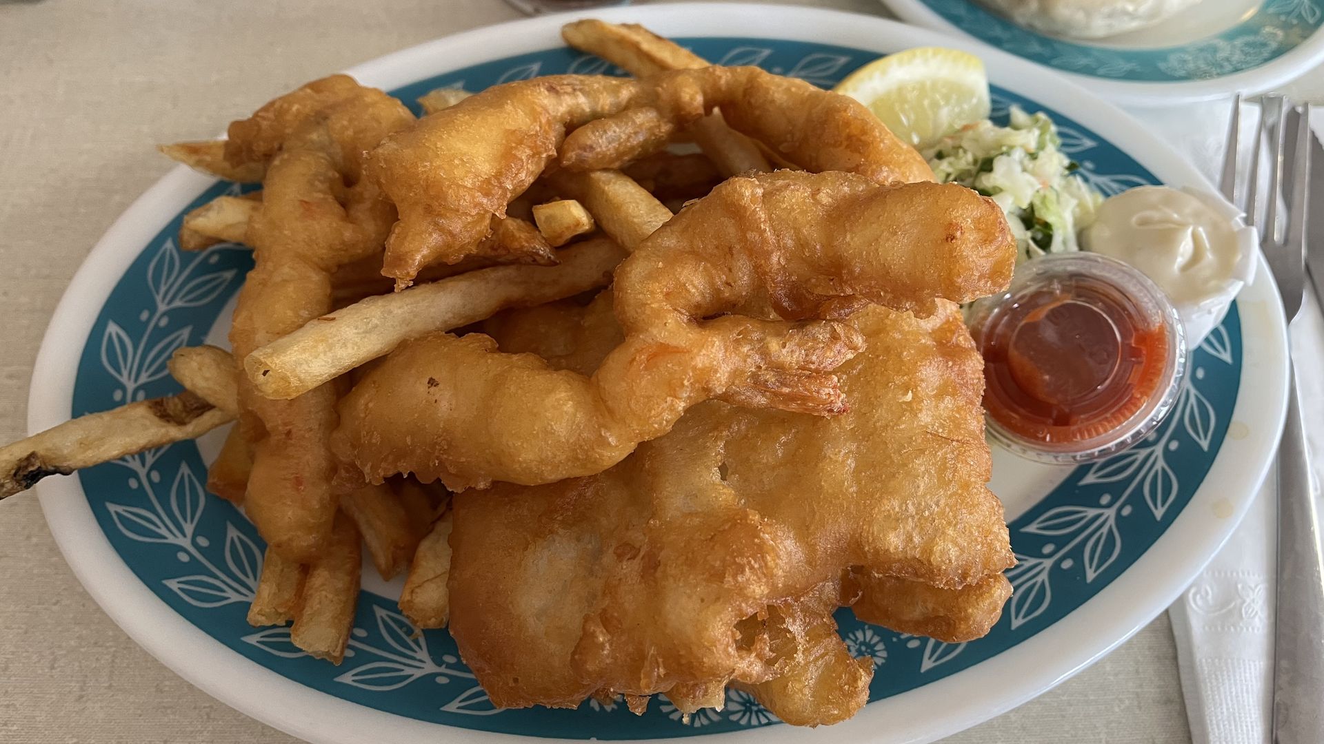 Fish, shrimp and chips at Scotty Simpson's. 