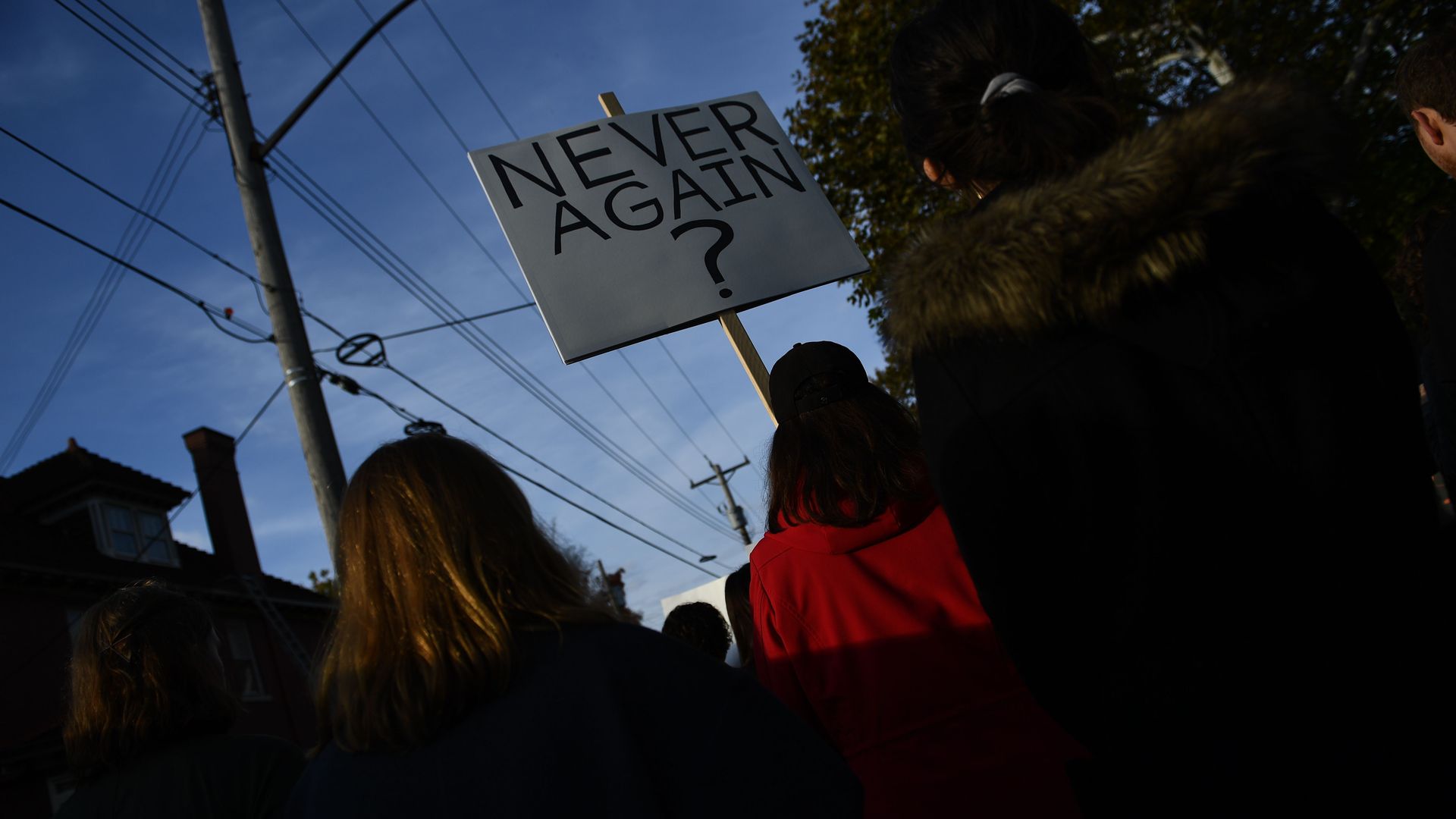 A shadowy image of a few women marching in front of the camera carrying a sign that says, "Never again?" 