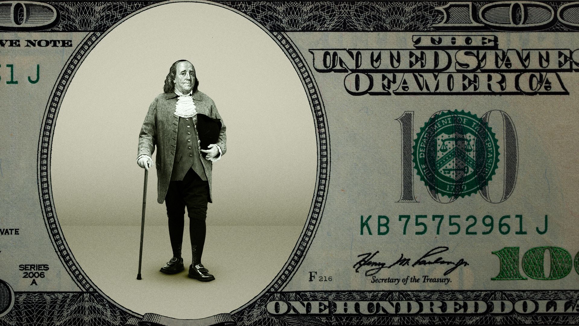 Illustration of a very small Benjamin Franklin on the dollar looking worried. 
