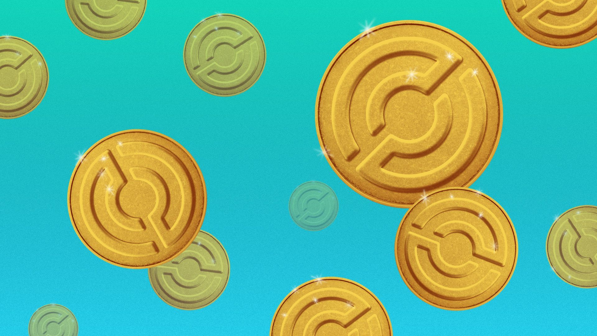 Illustration of golden coins with the Coinbase logo on them
