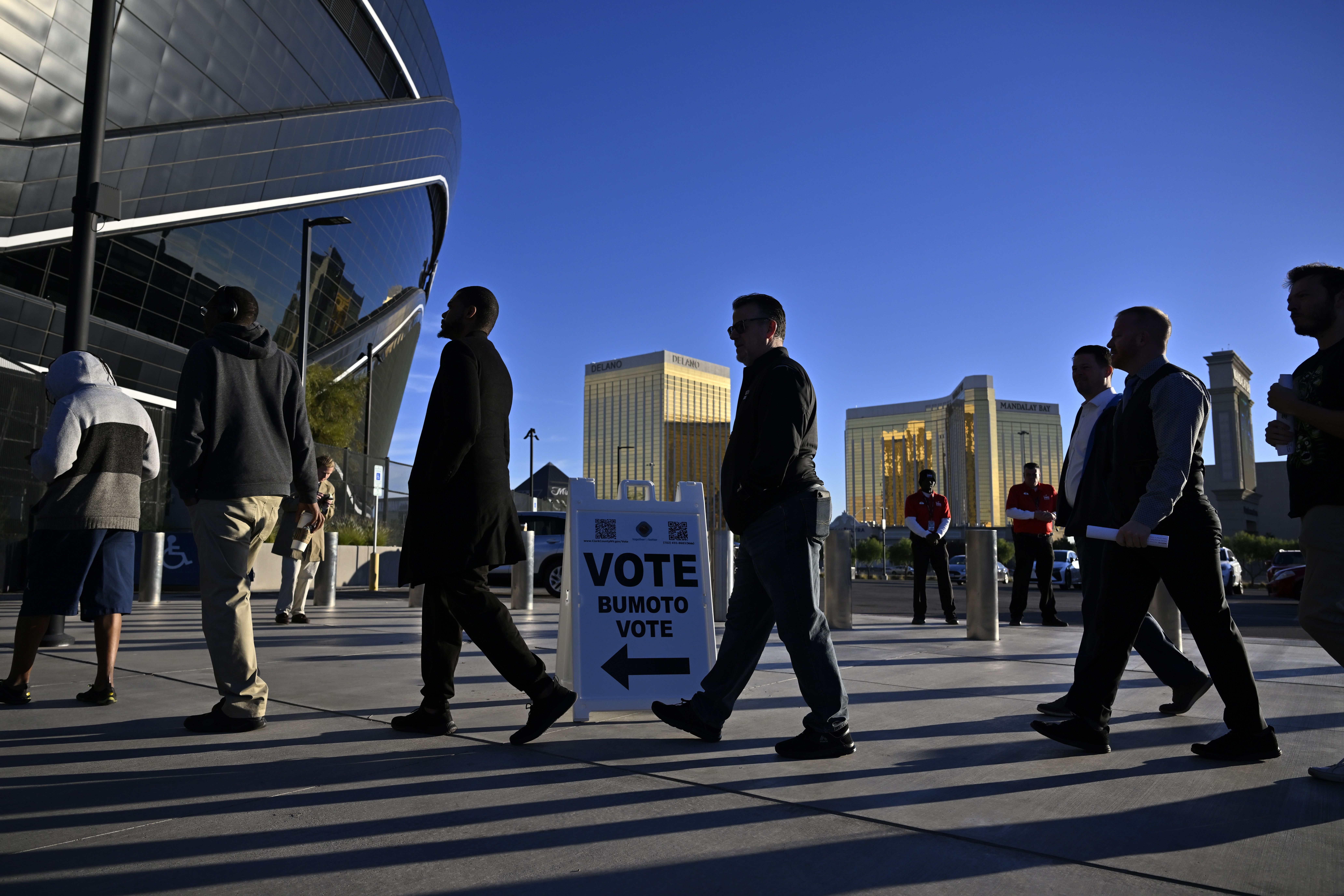 A silouhette of people lining up to vote. 