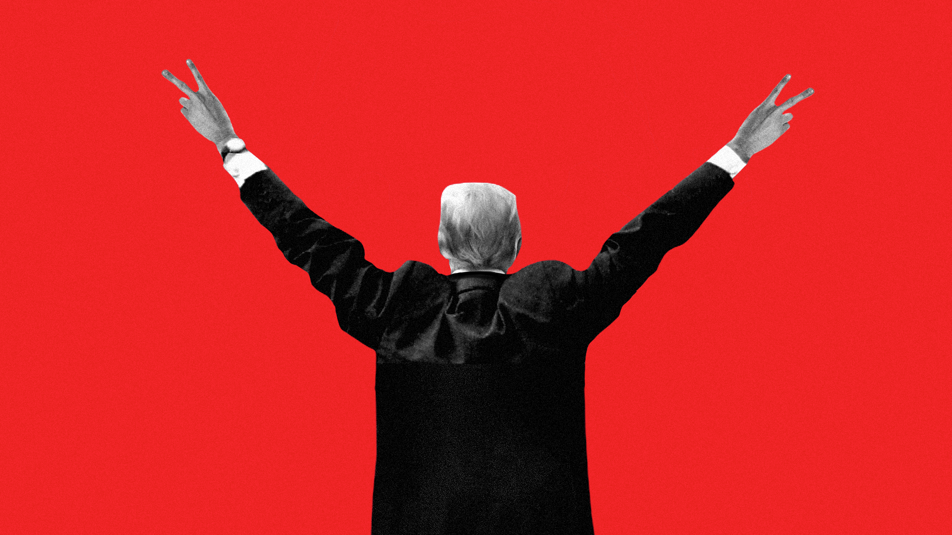 Illustration of President Trump from behind, holding up double v-signs. 