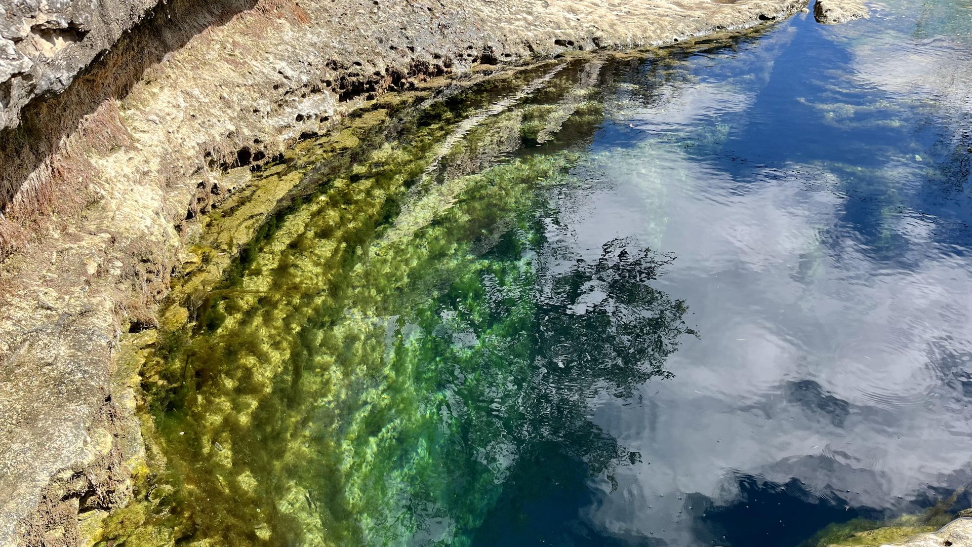 Jacob's Well full of water and ringed in yellow, green and blue colors, with clouds reflected in the middle.