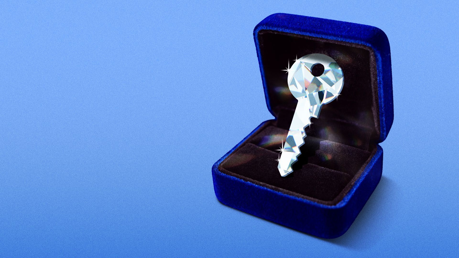Illustration of a diamond key in a velvet jewelry box. 