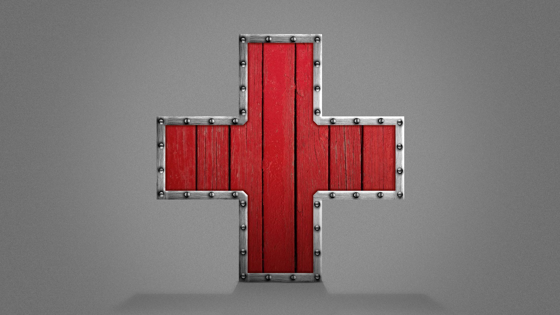 Illustration of a wooden and metal shield in the shape of a health plus. 