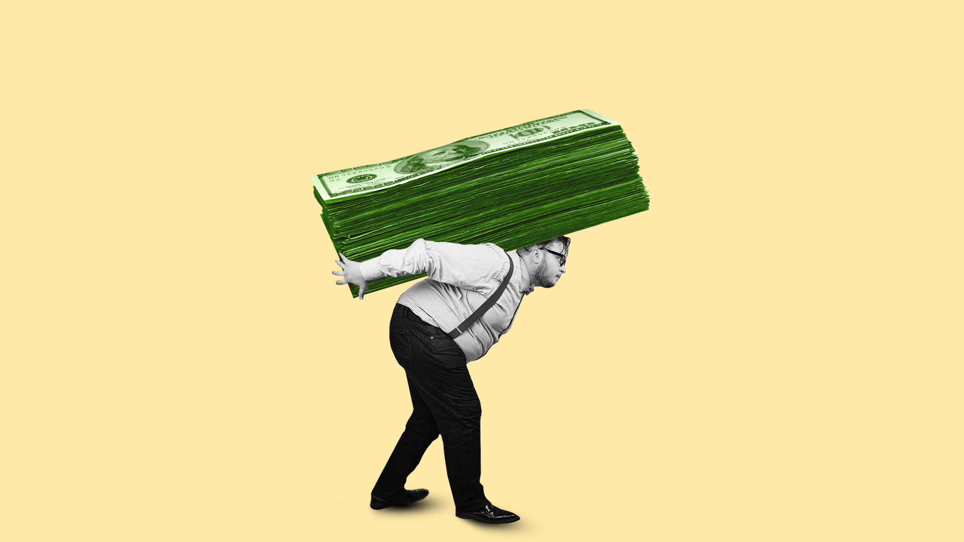 Illustration of a man weighed down by money