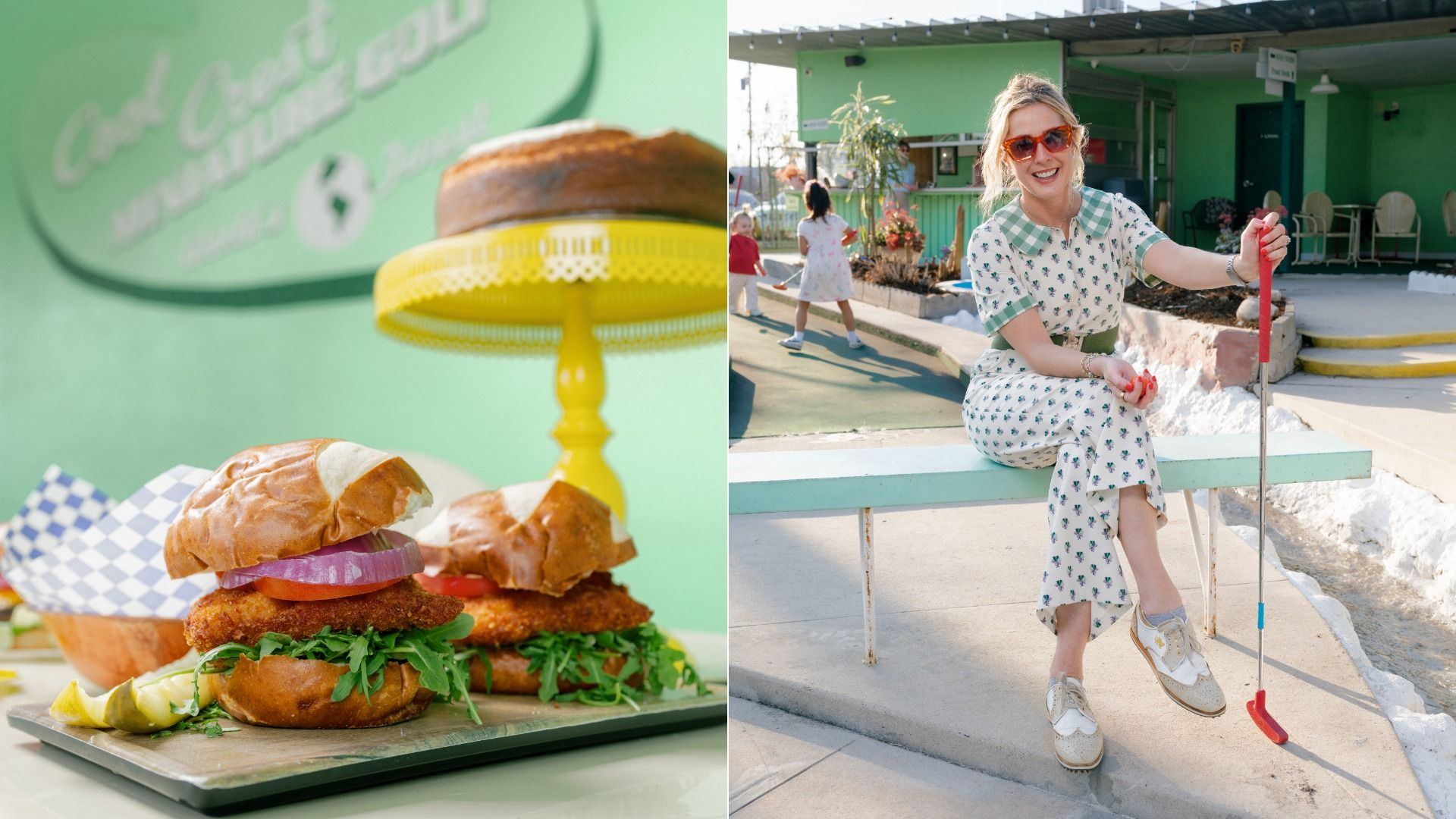 Split image: left shows burgers on a tray with a yellow stand against a green background; right shows a woman in a white floral dress with red sunglasses outdoors by a green building, holding a red pogo stick.