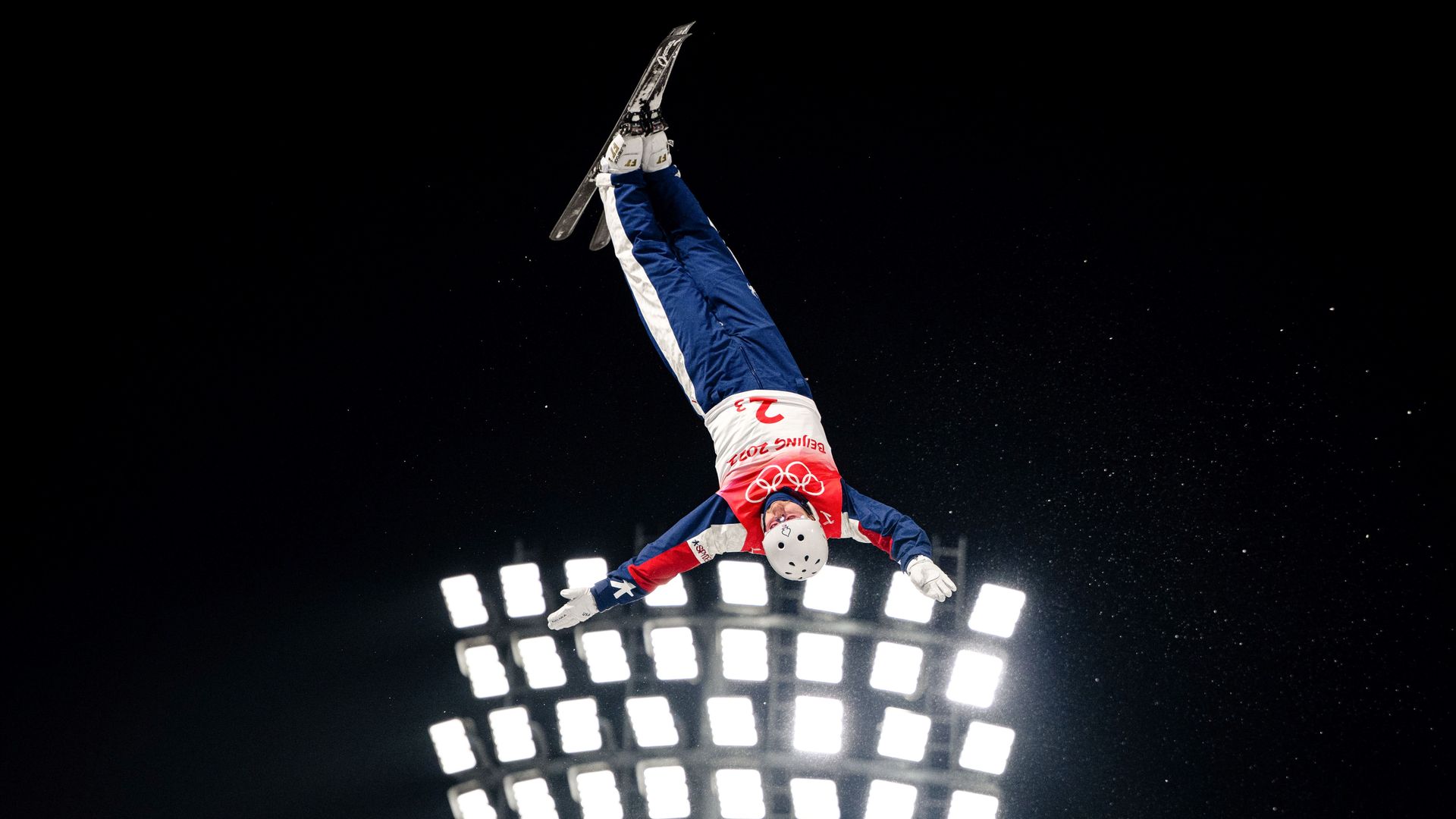 Justin Schoenefeld of the United States competes during the freestyle skiing mixed team aerials final at Genting Snow Park in Zhangjiakou, north China's Hebei Province, Feb. 10, 2022. (Photo by Xiao Yijiu/Xinhua via Getty Images)