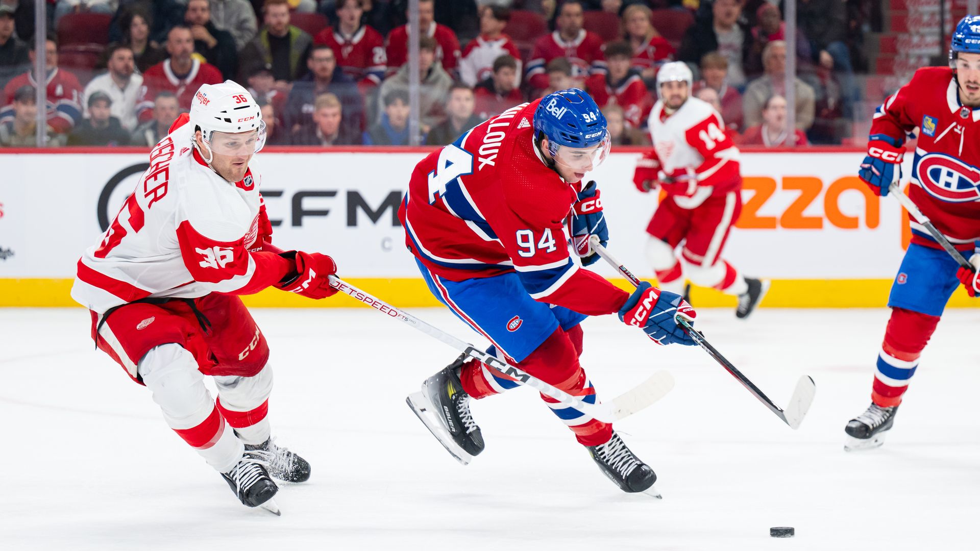 The Red Wings' Christian Fischer pressures the puck against the Montreal Canadiens.