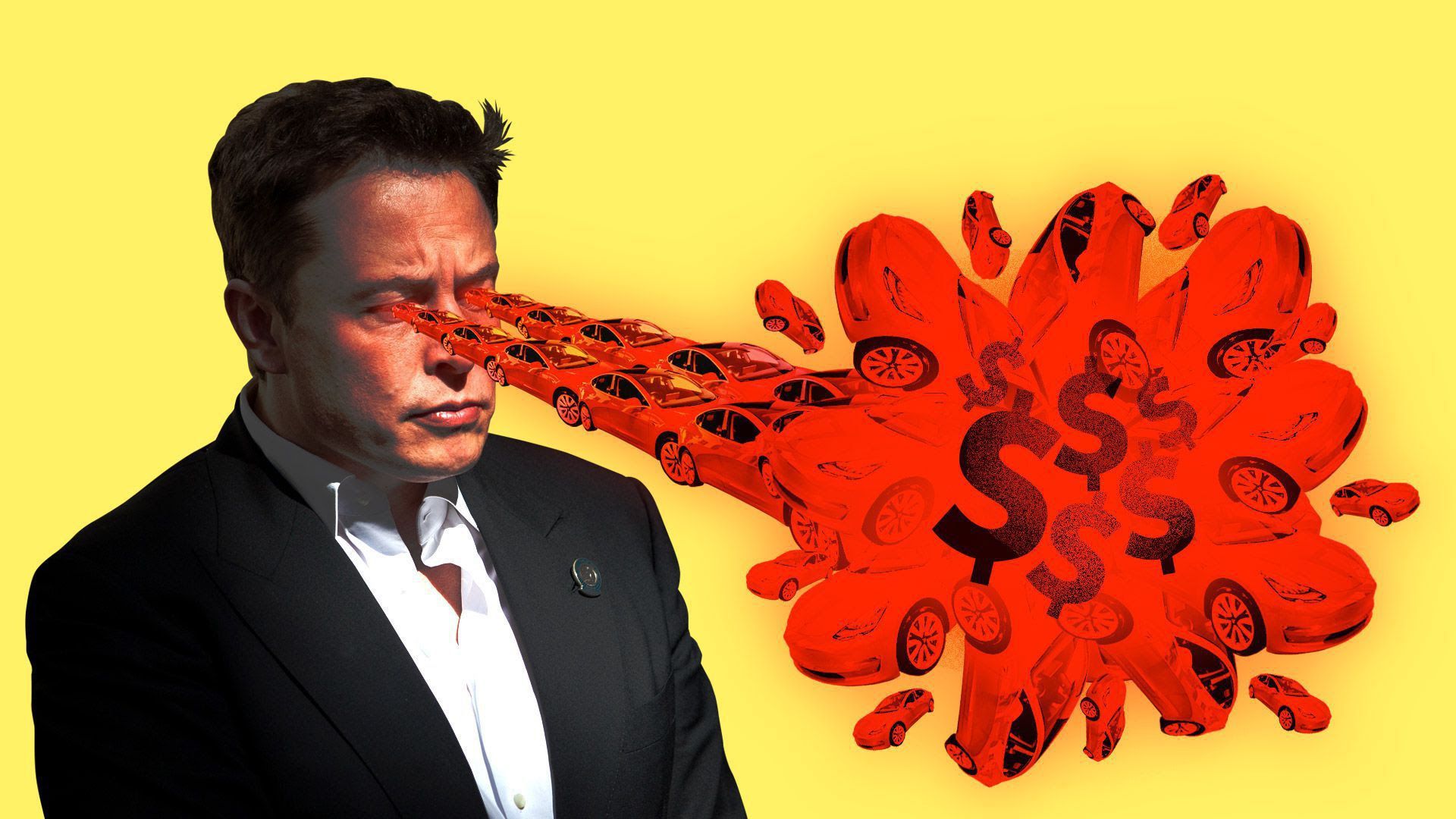 Illustration of Elon Musk with cars coming out of his eyes.