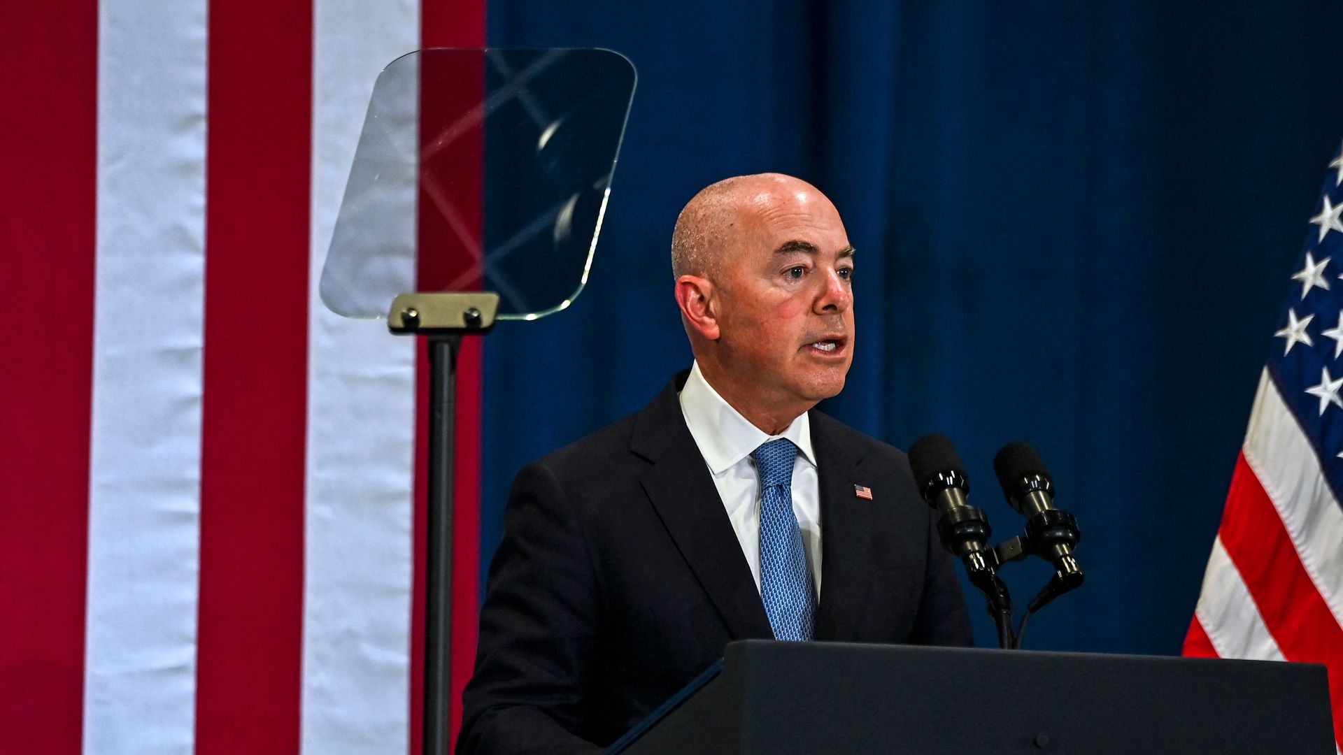 Secretary of the Department of Homeland Security Alejandro Mayorkas speaks during an event on funding climate resilience at Florida International University in Miami, Florida on August 1, 2022.