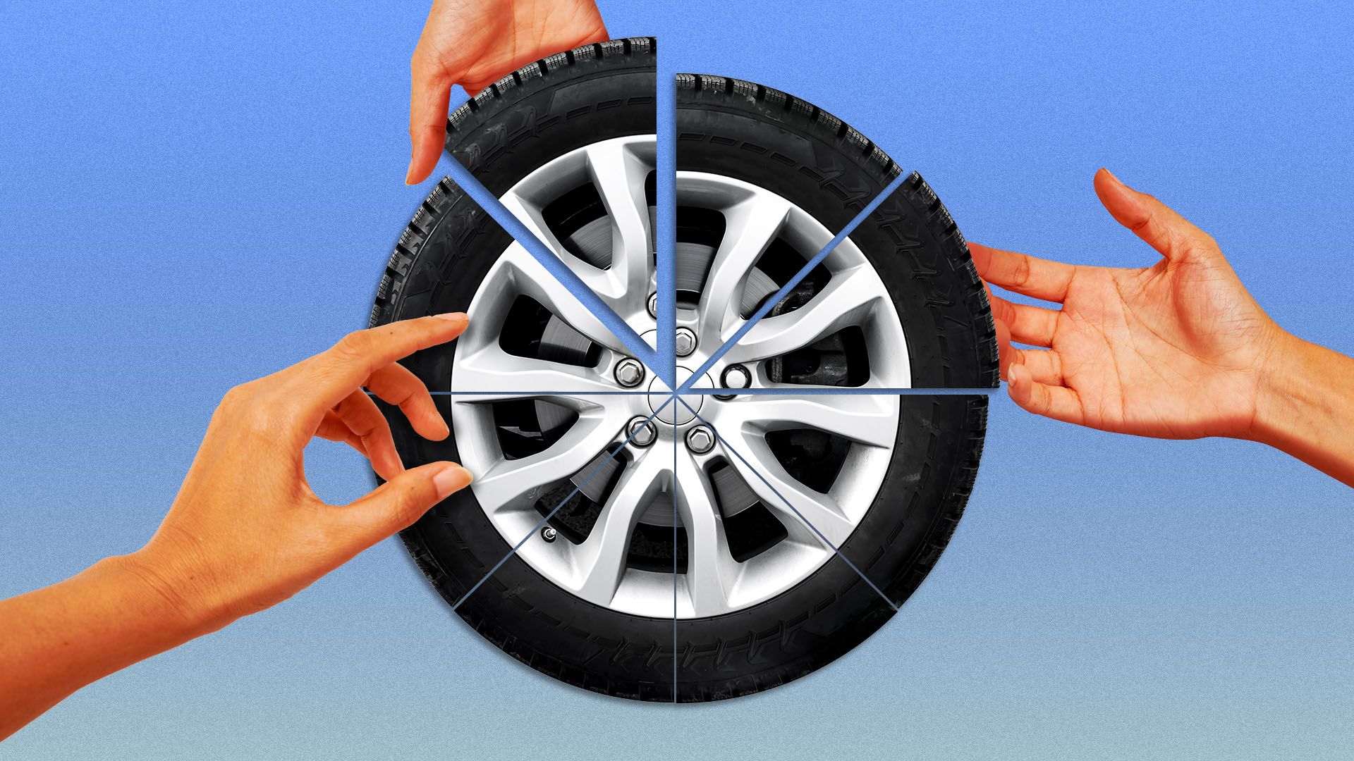 Illustration of a tire split like a pie, with hands reaching to grab the slices