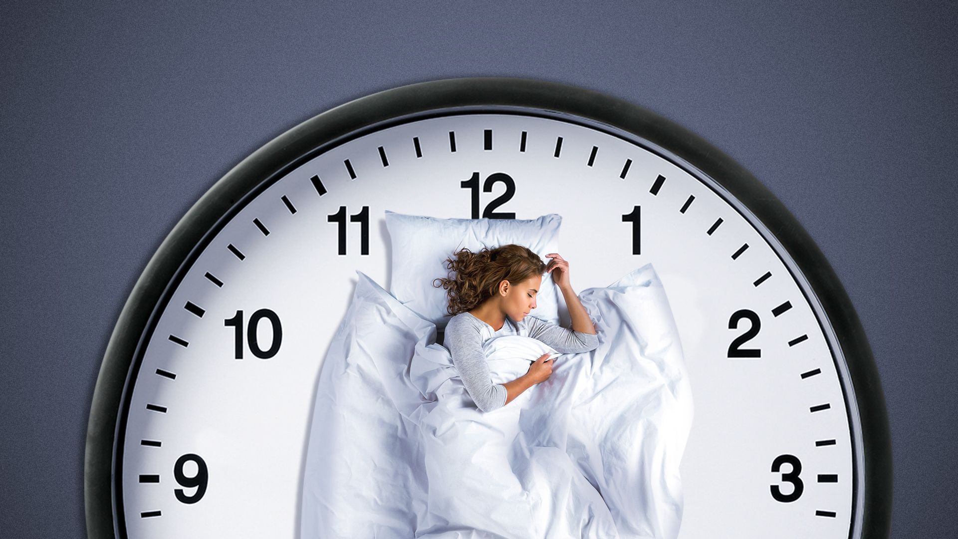 Illustration of a person fast asleep on top of a clock with no hands. 